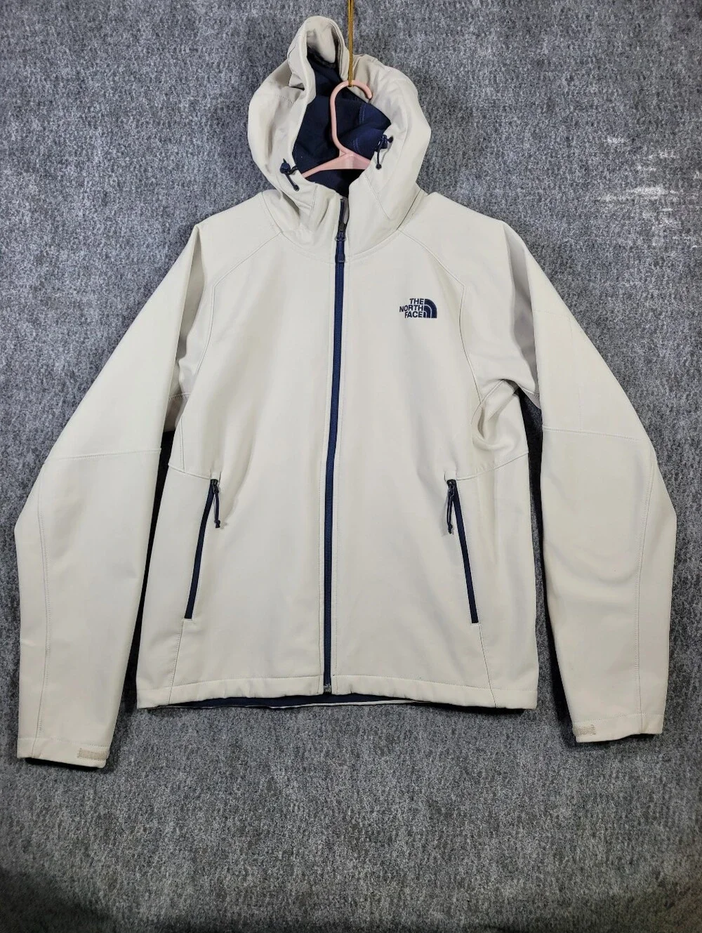 The North Face Men's Hooded Softshell Jacket in Light Cream with Navy Trim